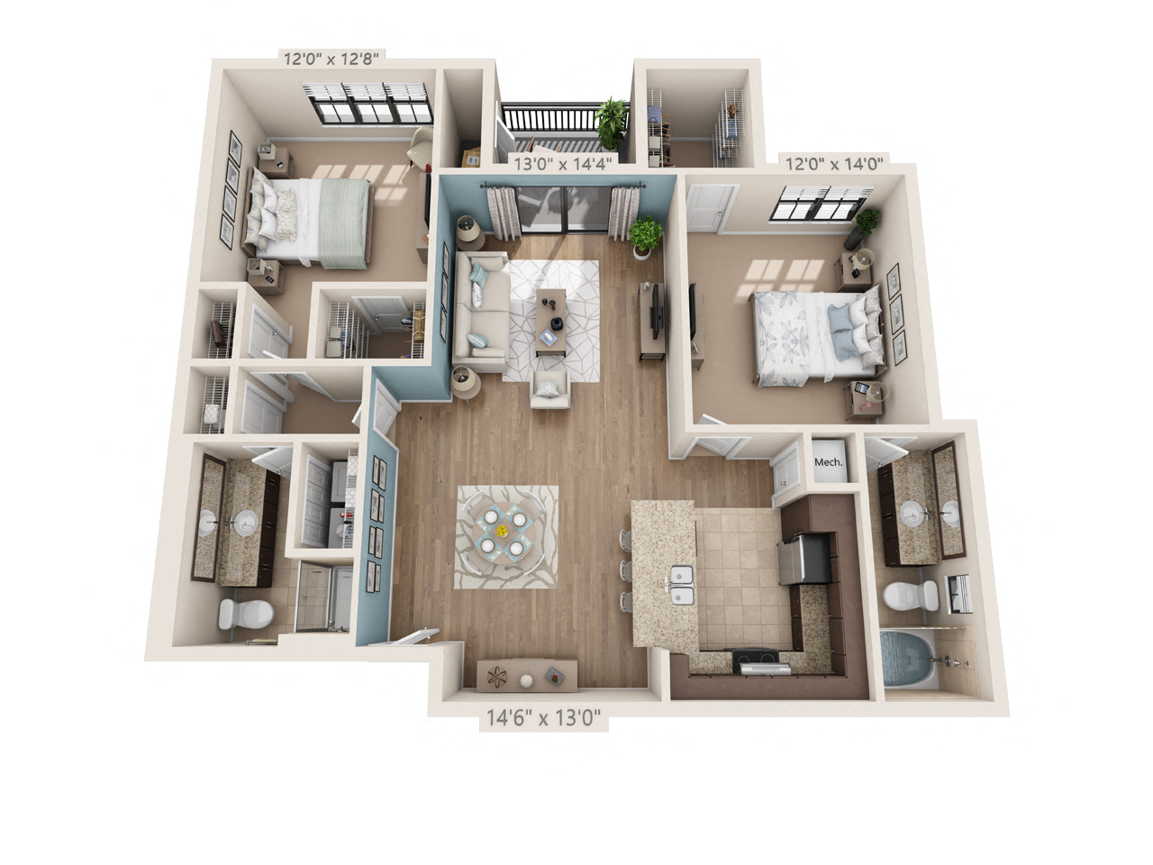 Floor plan for 2 beds, 2 baths, 1240 sqft